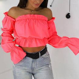 Women's Blouses Summer Polka Dot Printed Lantern Sleeve Shirt 2023 Candy Colour Off Shoulder Cropped Top Ladies Sexy Slanted Neck Beach