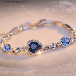 Charm Bracelets New Women Luxury Lucky Bracelet for Female Blue Crystal Heart Charm Bracelet Women Bridal Wedding Engagement Fine Jewellery Gift Q230925