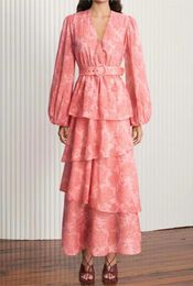 2023 New V-neck Pink Print Layered Cake Dress