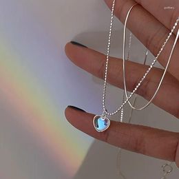 Chains 925 Sterling Silver Double Layer Love Heart-shaped Moonstone Pendant Necklace Women Gradient Gemstone Clavicle Chain Jewelry