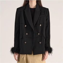 Women's Suits Blazer Woman 2023 Autumn Korean Fashion Ostrich Hair Patchwork Sleeves Double Breasted Coat High Quality Suit Jacket