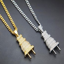 24K gold plated Iced Out Bling Men's Plug Pendant Necklace Plated Charm Micro Pave Full Rhinestone Cuban Chain Hip Hop Jewelr325G