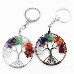 Key Rings Natural Crystal Stone Keyring Chain 7 Chakra Round Tree Of Life Pendant Handmade Keychain Ring Holder For Women Car Bag Drop Dh6Ul