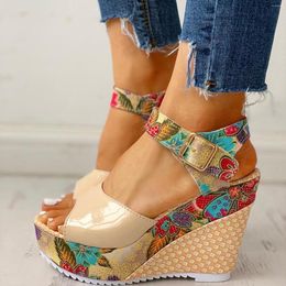 Sandals Printing Heels Women High Platform Lace Slope Unpositioned National Sandal Mouth Fish Wedge Style Women's