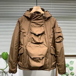 Men's Jackets Autumn Winter Loose Casual Cotton Coat Hooded Large Pocket Double Zipper Pullover Jacket Solid Colour Long Sleeves Tops