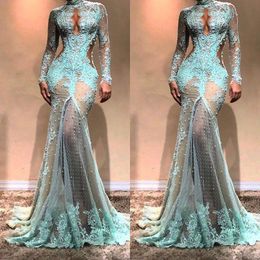 Neck Full Lace Pearls Mermaid Evening Dresses Dubai See Through Illusion High Split Formal Prom Cutaway Side Celebrity Gowns