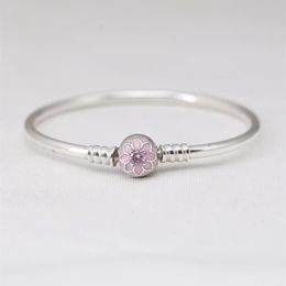 925 Sterling Silver Magnolia B Charm Clasp Bangle & Bracelets Pale Cerise Enamel & Pink CZ fit Lady Beads Pendants2407