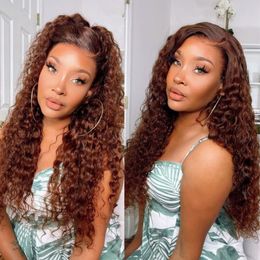 Brown Color Curly 13x4 HD Lace Frontal Wig Glueless Human Hair Wig Water Wave Lace Front Wigs Brazilian Preplucked 130 Density