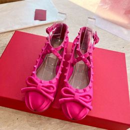 Valentine with Ballet flats Satin ballerinas tone-on-tone studs Fairy Ballet Bow Flat Bottom Shallow Fashion Shoes shoes LHLVW