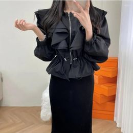 Women's Jackets South Korea Chic Autumn French Vintage Patchwork Ruffled Pleats Draw Rope Waist Long Sleeve Short Trench Coat Women