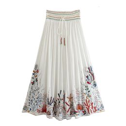 Skirts YENKYE 2023 Women White Long Embroidered Skirt Vintage Drawstring Elastic Mid Waist Female Pleat Boho 230925