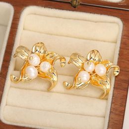 Hoop Earrings AENSOA Trendy Bohemian Pearl Gold Color Metal Flowers Shape Drop For Women Statement Earring Jewelry Accessories
