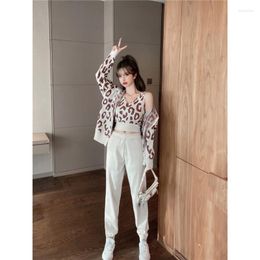 Women's Two Piece Pants Female Autumn Sweatsuits Print Knitwear Cardigans And Elastic Three-Piece Set Ladies Elegant Sets Outfits G461