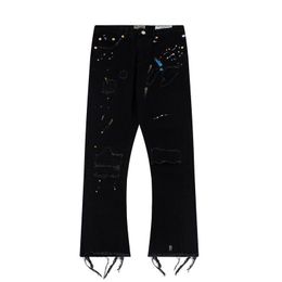 Mens Jeans Black Splash Ink Distressed Denim Pants Hip Hop Washed Destroyed Street Wear Casual Graffiti Flared 230925