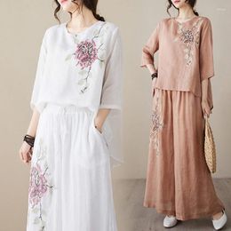 Women's Two Piece Pants Summer Women Pant Sets Retro Linen Light And Thin Shirt Embroidered Casual Pullover Ramie Top Trousers Female