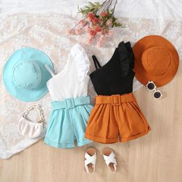 Clothing Sets FOCUSNORM 3-7Y Fashion Kids Girls Clothes Set 3pcs Ruffles One Shoulder Solid Vest With Belted Shorts Hat Summer Outfit