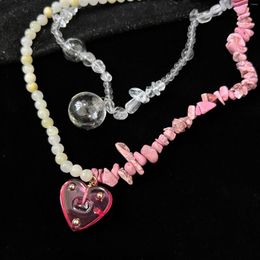 Pendant Necklaces Egirl Y2k Pink Heart Transparent Ball Necklace For Women Temperament Irregular Stone Beads Chain Choker Jewelry