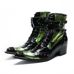 Fashion Designer's Boots Men Pointed Iron Toe Leather Short Boots Men 6.5cm Heels Buckles Punk Boots for Men