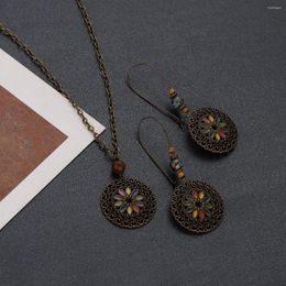 Necklace Earrings Set Vintage Jewelry Colorful Enamel For Women Ethnic Beads Boho Flower Dangle