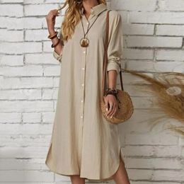 Casual Dresses Women Short Sleeve Dress Elegant Ladies' Loose Cotton Linen Long Button Placket Solid Shirts For Summer