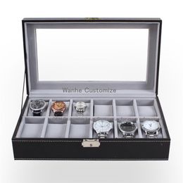 Wanhe Packaging Boxes Factory Professional Supply 12 Grids Slot Watch Box Display Organiser Glass Top Jewellery Storage Organiser BO235p