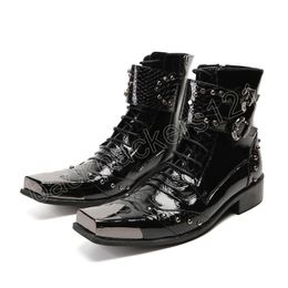 Handmade Men Western Ankle Boots Black Genuine Leather Cowboy Boots Man Square Metal Toe Buckle Shoes Lace-Up Botas Masculino