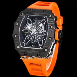 New Miyota Automatic Mens Watch Carbon Fibre Case Skeleton Dial Brown 35-02 Gents Sport Wristwatches Orange Rubber Strap