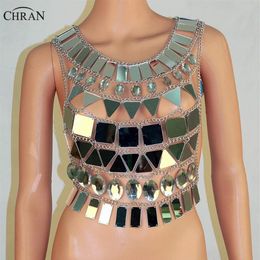 Chran Mirror Perspex Crop Top Chain Mail Bra Halter Necklace Body Lingerie Metallic Bikini Jewelry Burning Man EDM Accessories Cha304u