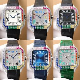39mm Mens Square Diamond Watch 8215 Movement Automatic Mechanical Designer Watch Leather Strap Sport Waterproof Sapphire Glass Watches