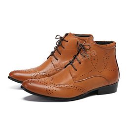 New Fashion Men's Boots Pointed Toe Lace-up Brown Genuine Leather Ankle Boots for Men British Style Dress Botas!