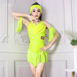 Stage Wear Fluorescent Yellow Girls Latin Dance Dress Fringed Dresses Kids Tango Chacha Ballroom Clothes Performance DWY9362