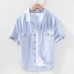 Men's Casual Shirts Summer Cotton Striped For Men Short Sleeve Vertical Stripes Pattern Button Down Shirt 2023 Chemise Homme