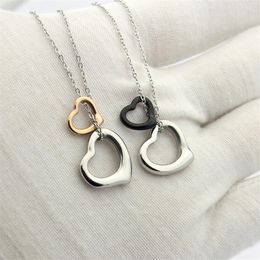 New Arrive Fashion Lady 316L Titanium steel 18K Plated Gold Necklaces With Letter T Hollow Out Double Heart Pendant 3 Color245s