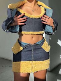 TARUXY Denim Splice Mini Skirt Sets Women Bodycon Sexy Crop Top Women's Slim Long Sleeves Backless Coats Suits For Women Outfits