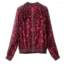 Women's Jackets M-5XL Women Red Velvet Flowers Print Zipper Up Spring Autumn Thin Coat Floral Printed Tops Female Clothing Outwear