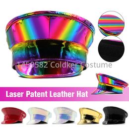 Party Hats Women Men PU Leather Captain Cap Rainbow Laser Patent Leather Military Hat Prom Performance Bar Cosplay Show Hat Beret Cap 230925