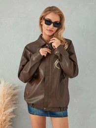 Women's Jackets Women Autumn Winter Loose Tops Faux Leather Jacket Solid Colour Classic Long Sleeve Zip Up Lapel Coat Outwear
