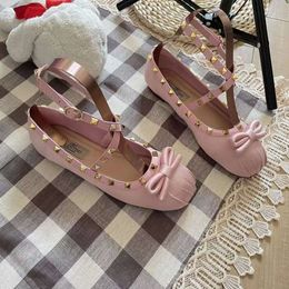 Valentine ballerinas Satin Ballet with flats tone-on-tone studs Ballet Shoes Comfortable Bow Shoes Riveted Flat Sole Shoes Women's Soft Sole shoes L6KOF