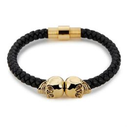 Sell Mens Black Genuine Leather Braided Skull Bracelets Men Women Stainless Steel Gold North Skull Bangle Fashion Jewelry264u