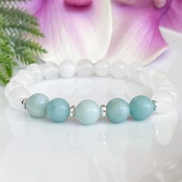 MG1511 Strand A Grade Amazonite & White Jade Gemstone Bracelet Natural Snow Quartz Healing Crystals Anxiety Yoga Mala Bracelet221j