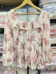 Basic Casual Dresses Sales Japan Lace Brushed Flower Printing Mesh Ribbon Bows Knitted Long Sleeve Mini Dress 230925