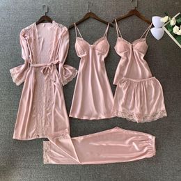 Women's Sleepwear 4pcs Lace Robe Gown Set Women Bathrobe Nightgown Satin Ice Silk Kimono Spring Summer Pyjamas Intimate Lingerie