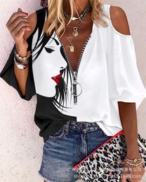 Women's Blouses Casual Loose Zipper Print Shirt Blouse Women Spring Summer Fashion V-neck Lantern Sleeve Shirts For Sexy Off Shoulder Top