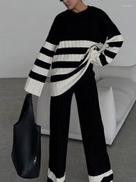 Women's Two Piece Pants Women Casual Striped Knit Set Autumn O-Neck Long Sleeve Pullover Female 2 Sets Loose Wide Leg Panelled Outfit