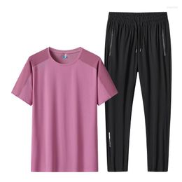 Men's Tracksuits 2023 Summer Mens Ice Silk Thin Set Solid Colour Top Round Neck Short Sleeve T-shirt Sports Pants Two Piece Running Men