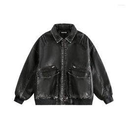 Men's Jackets Japanese Retro PU Jacket Dark Style Worn-out Loose Versatile Long Sleeved Lapel Coats Winter Unisex Leather