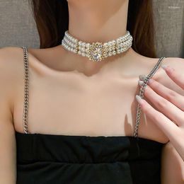 Chains Nda 2023 High Luxury Three-Layer Simulated Pearl Necklace Elegant Baroque Vintage Collar N Rhinestone Beads Chain Choker