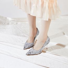 Dress Shoes Kangnai Women Pumps High Heels Shallow Pointed Toe Slip-on Party Bling Thin Lady Elegant Bride Wedding