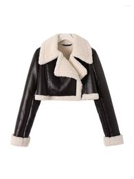 Women's Leather Lamb Fur Short Jacket Streetwear Female Zipper Moto Biker Coat Outwear Women Vintage Loose Warm Spliced Pu Faux