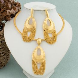 Necklace Earrings Set Lady Elegant Earring For Women Gold Colour Tassel Design Pendant Water Drop Shape Jewellery With Gift Box